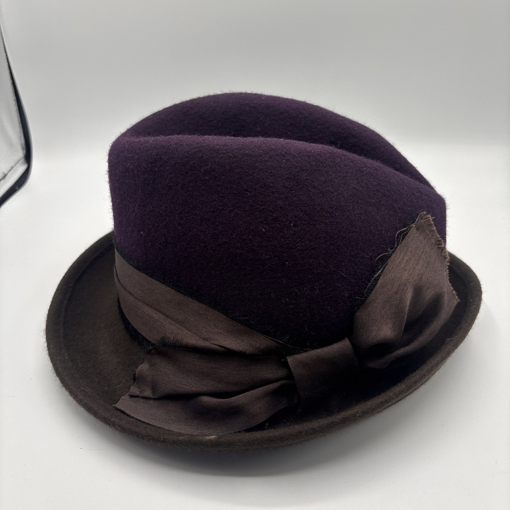 Albertus Swanepoel New York 100% Wool Hat Purple Brown Bucket Fedora Cloche Bow‎